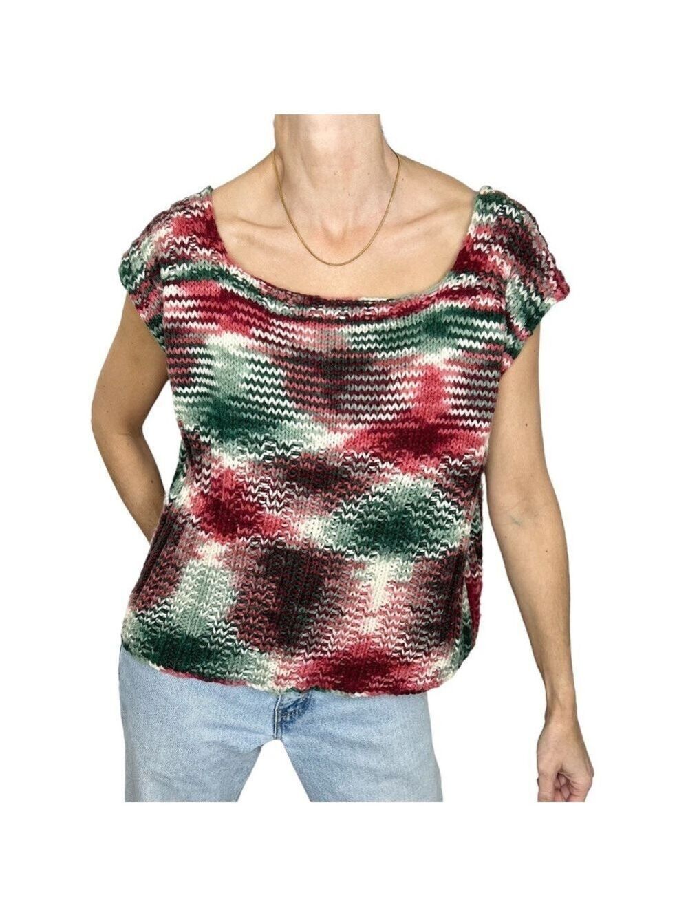 Boxy short sleeve hand knit muted green red pink white sweater